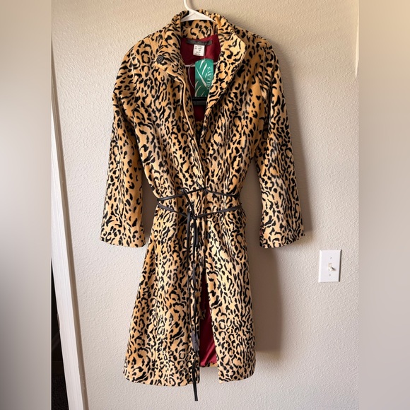 blue birdy Jackets & Blazers - Leopard print coat skirt set, belted coat pocket side,slit skirt, plush print.
